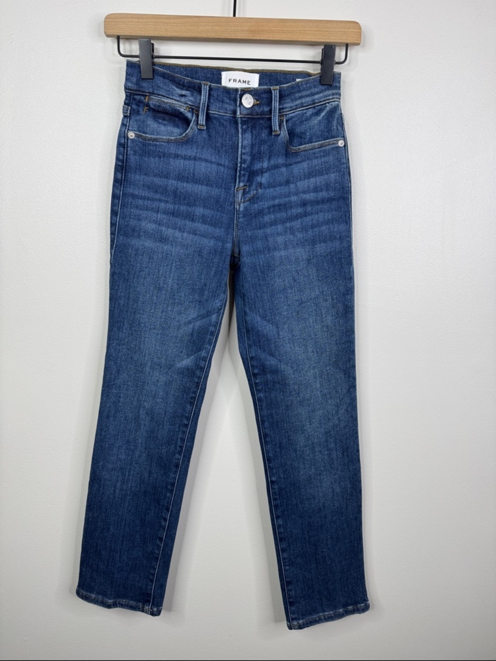 Frame Le High Straight Rivercrest Blue High Rise Slim Straight Jeans 23 Classic